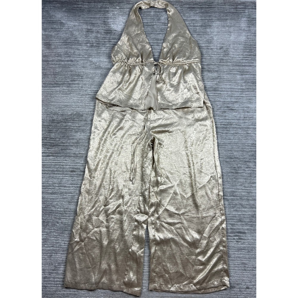 SHEIN Two-Piece Set Women 1XL Gold Metallic Halter Top Wide Leg Pants Shimmer